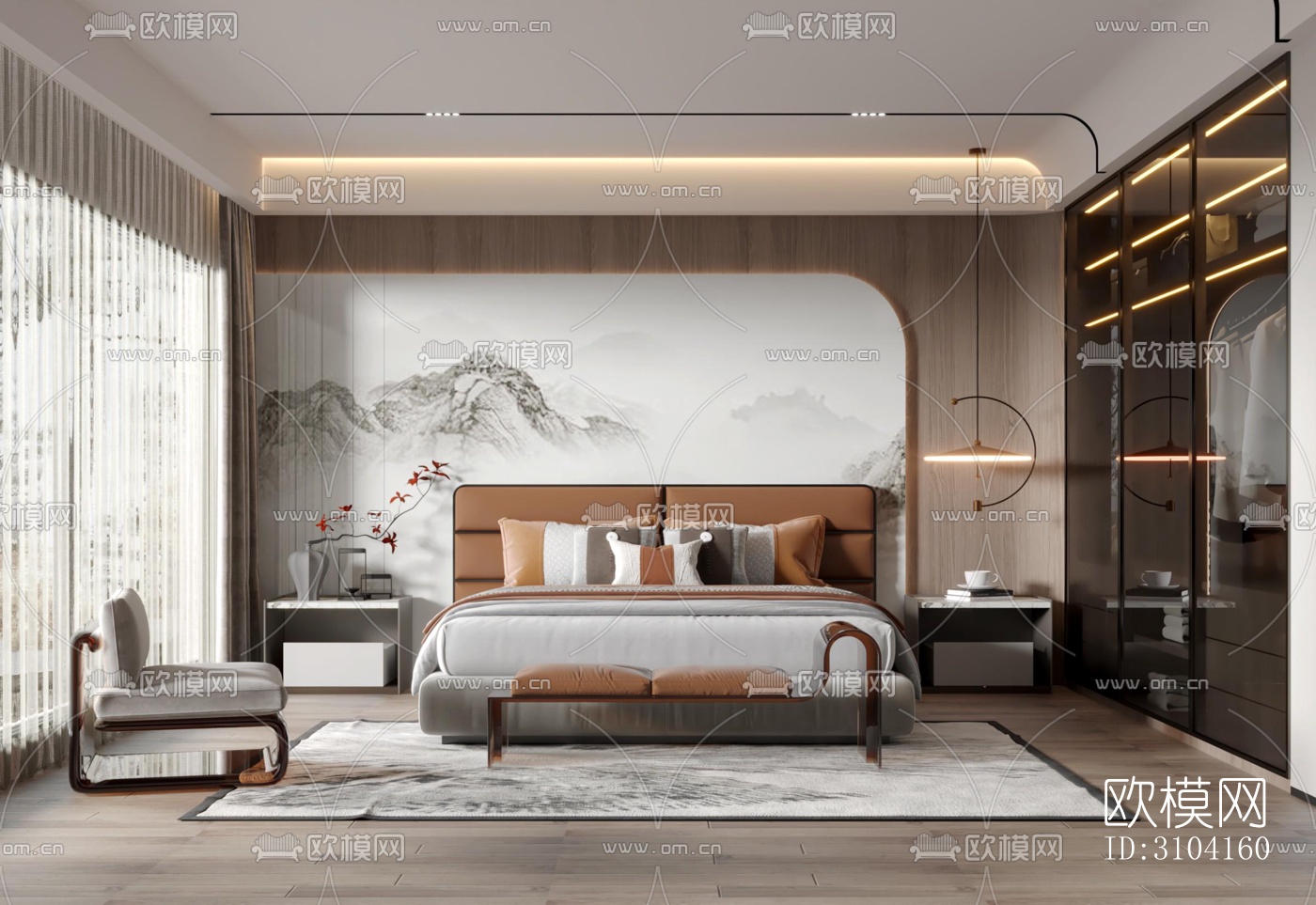 新中式卧室效果图下载（渲染图5）