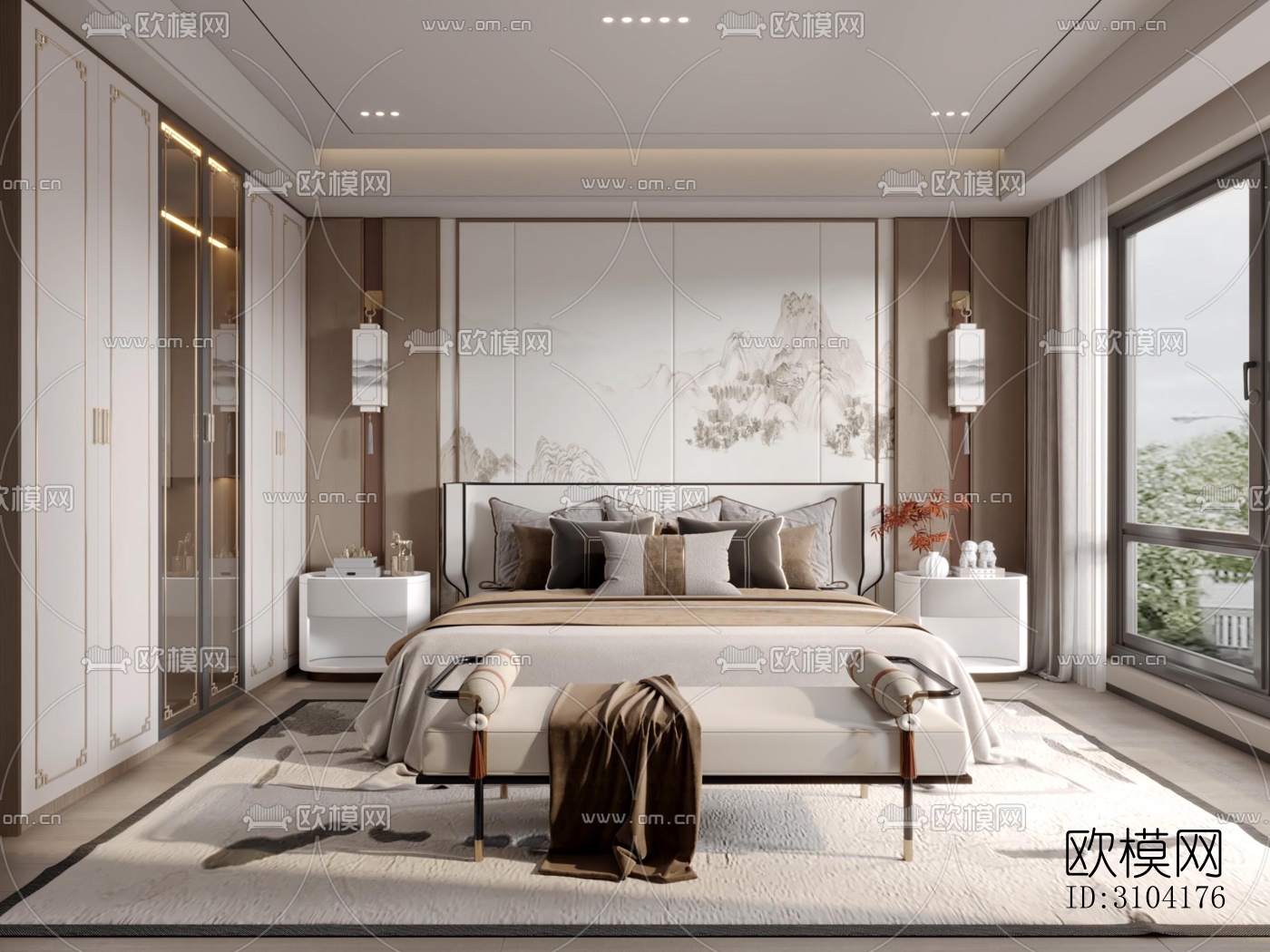 新中式卧室效果图下载（渲染图4）