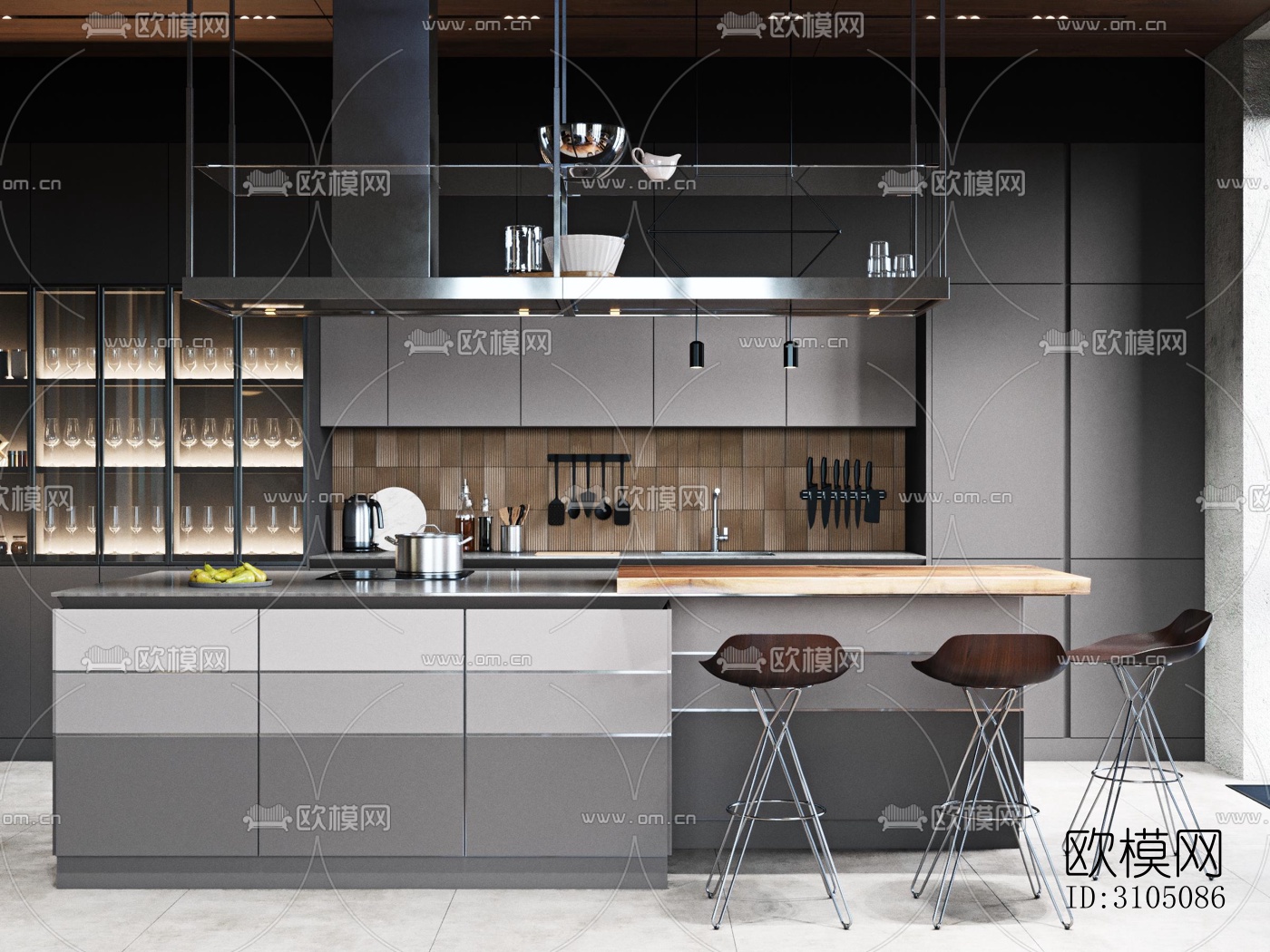 高级灰厨房效果图下载（渲染图3）