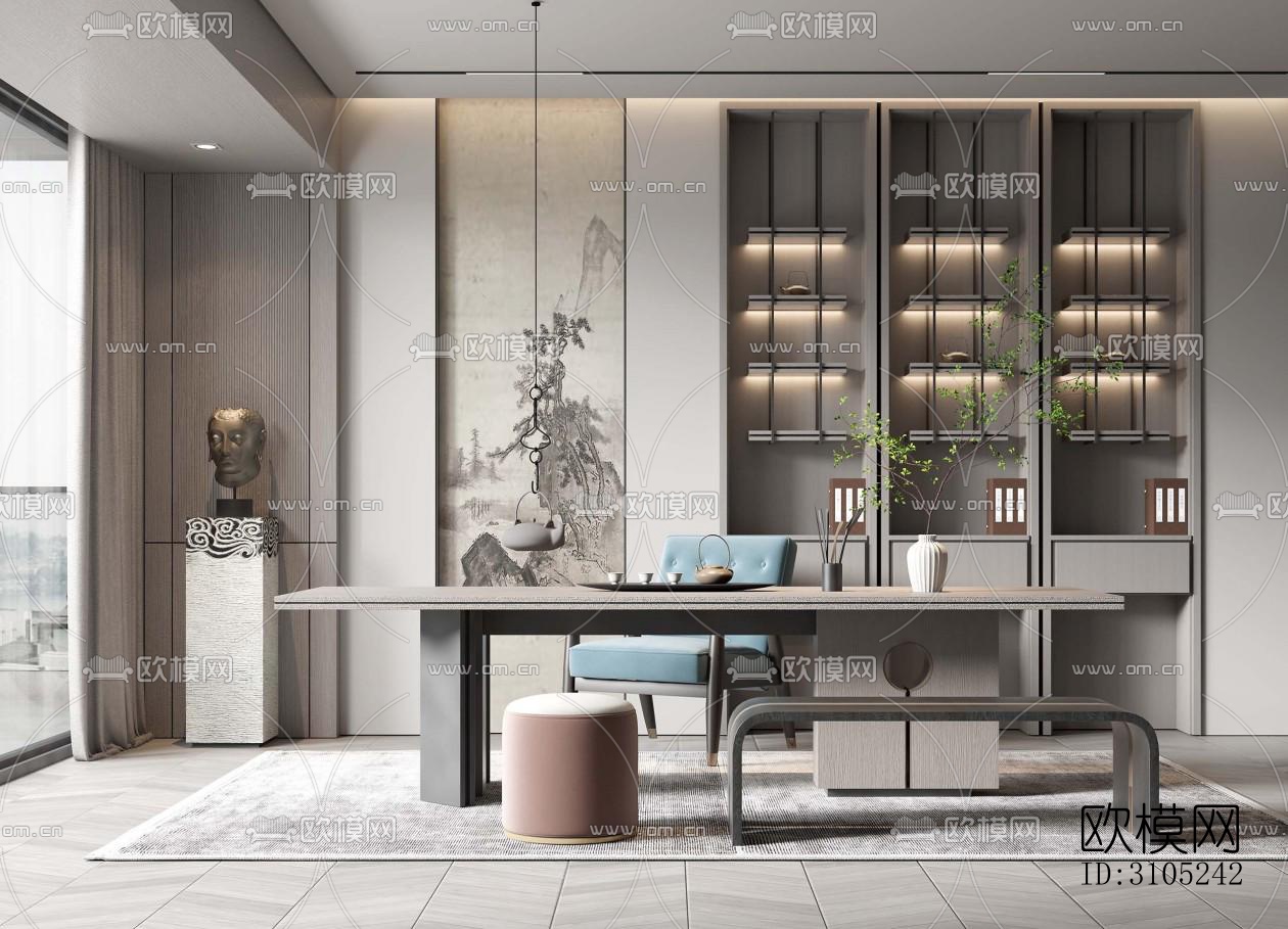 新中式茶室效果图下载（渲染图1）