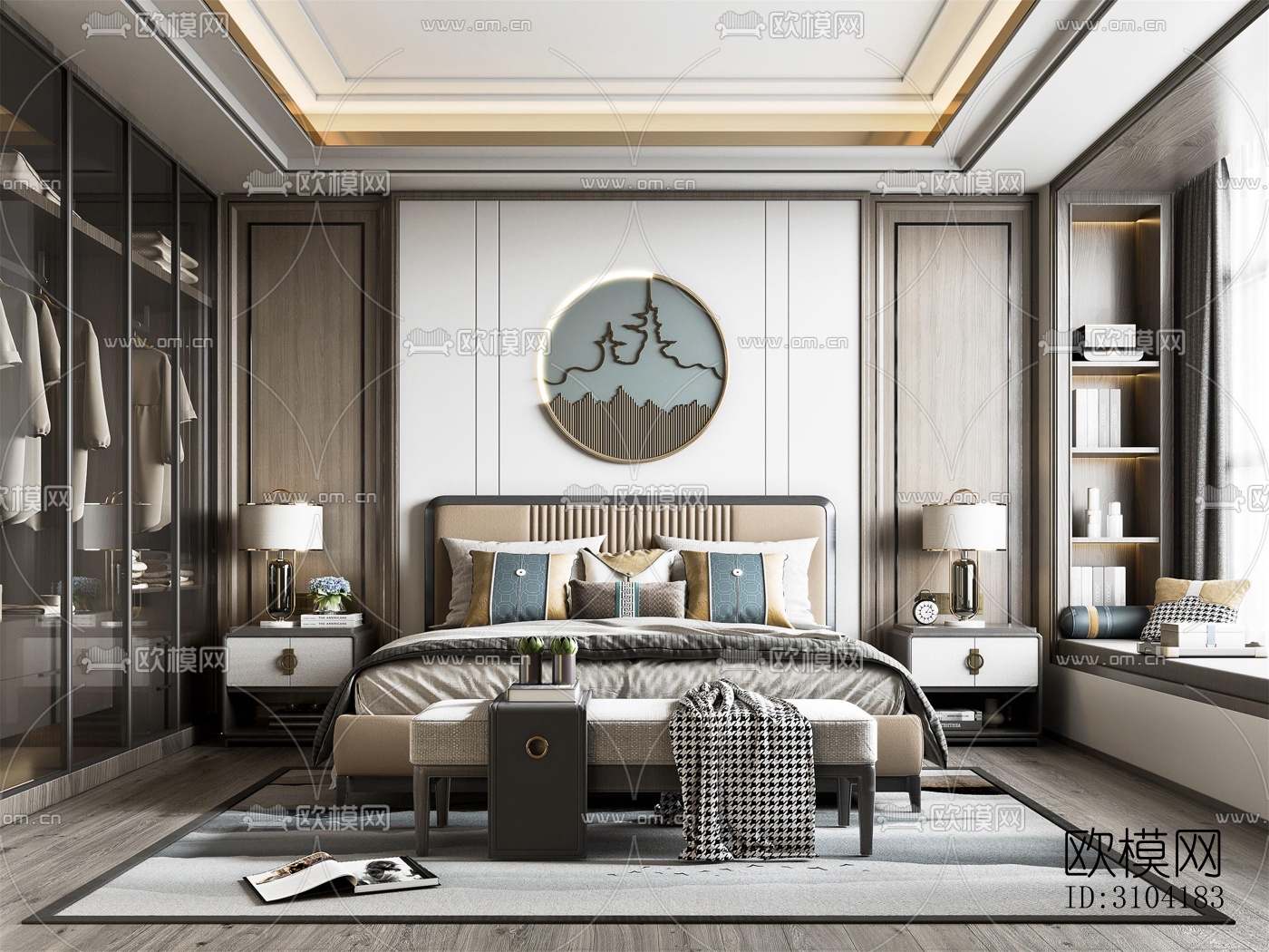 新中式卧室效果图下载（渲染图1）