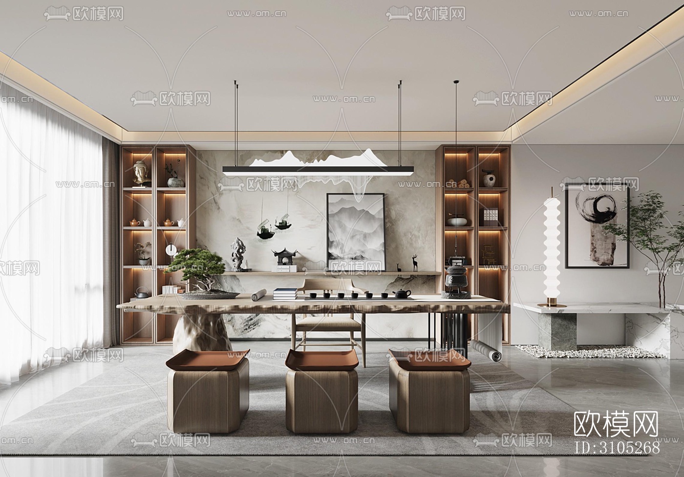 新中式茶室效果图下载（渲染图1）