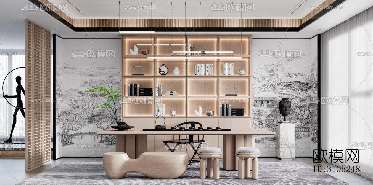 新中式茶室效果图下载（渲染图2）