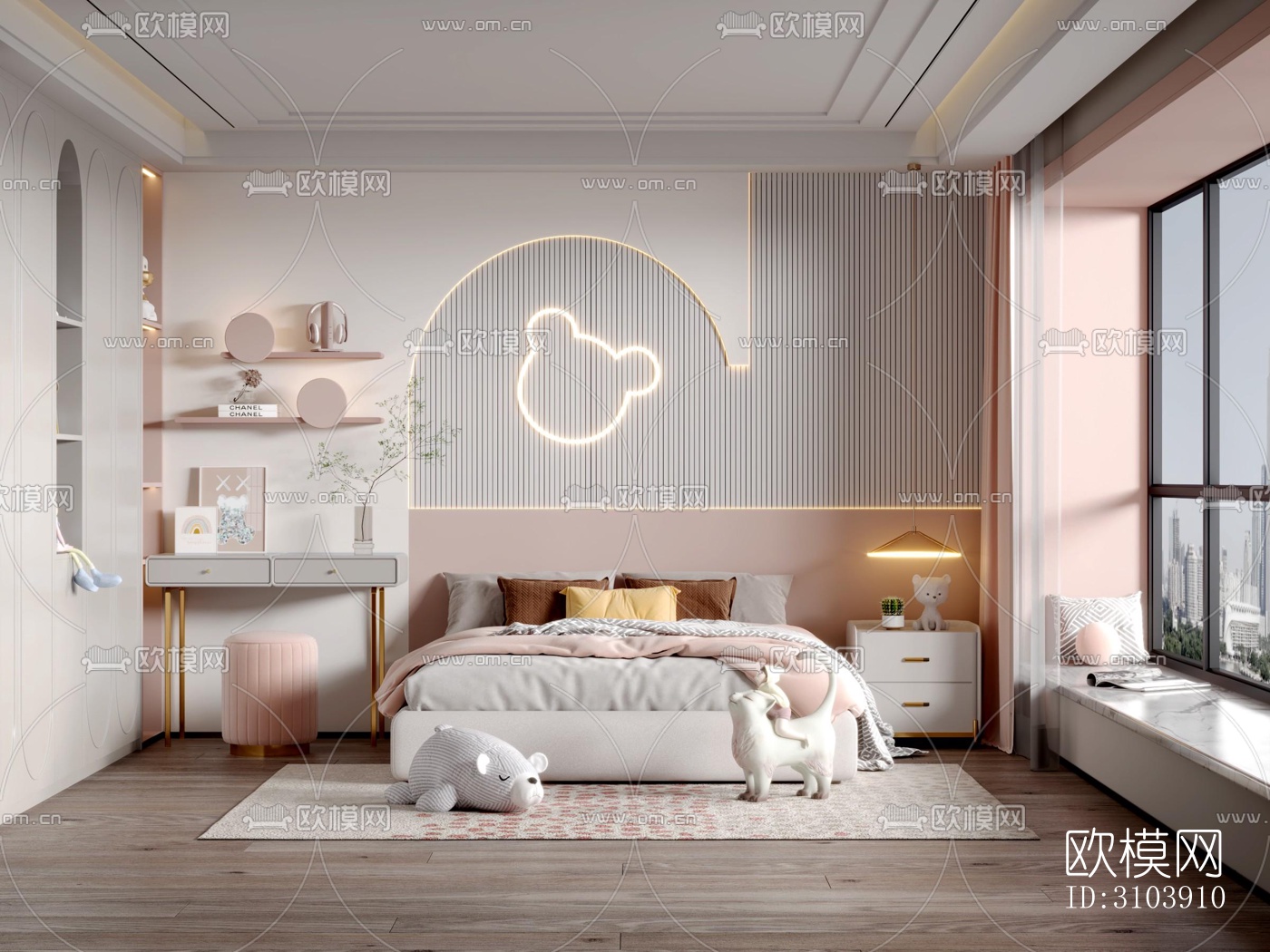 奶油风儿童房效果图下载（渲染图1）