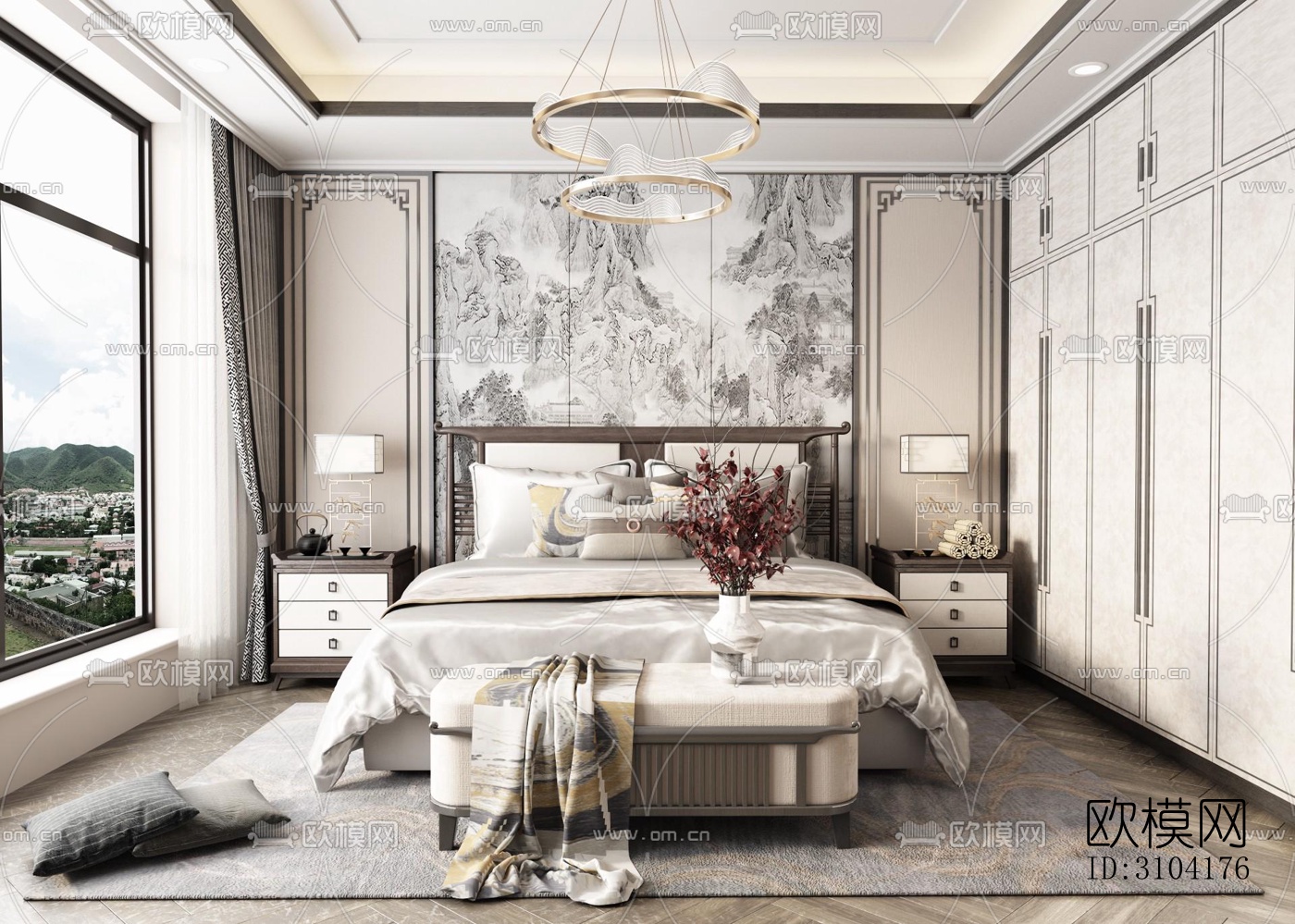 新中式卧室效果图下载（渲染图2）