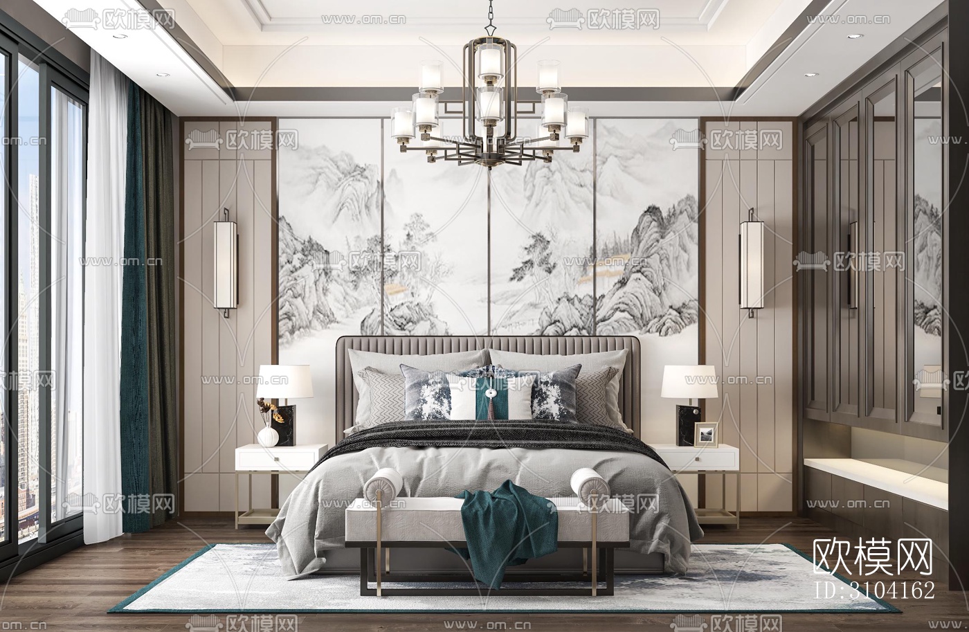 新中式卧室效果图下载（渲染图3）