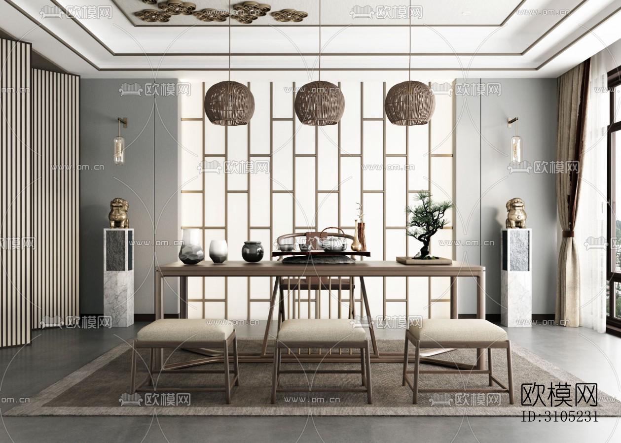 新中式茶室效果图下载（渲染图1）