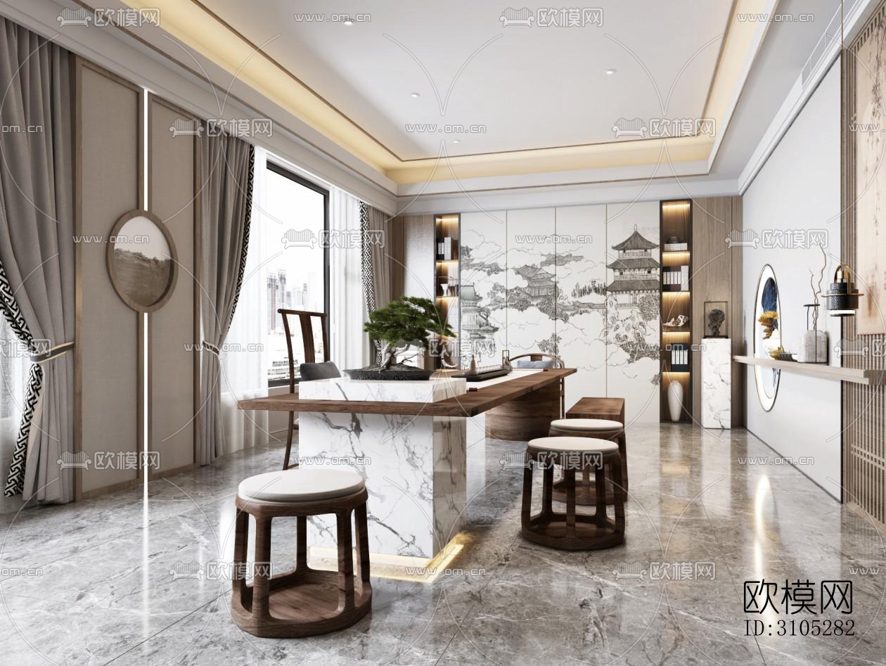 新中式茶室效果图下载（渲染图3）