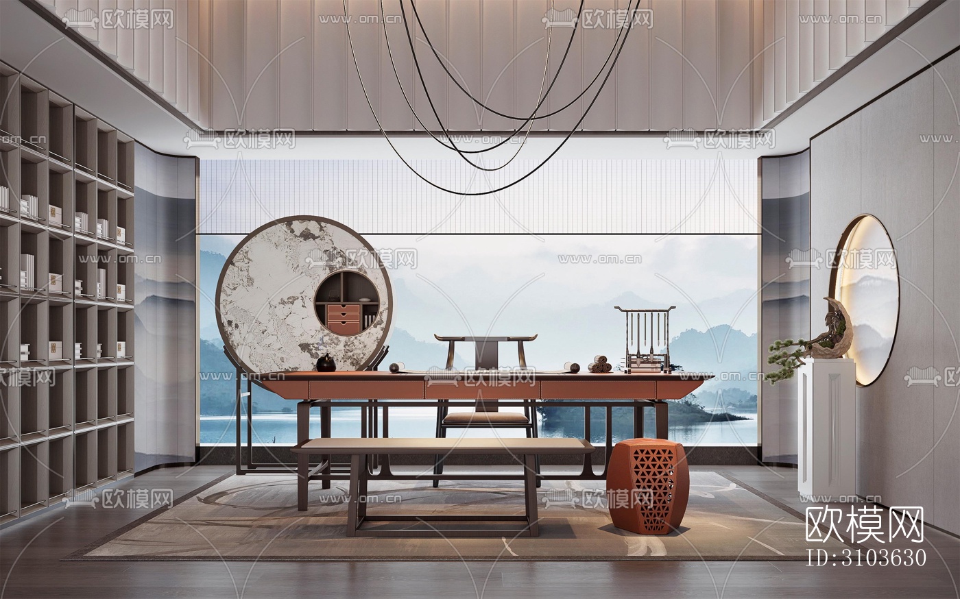 新中式书房效果图下载（渲染图3）