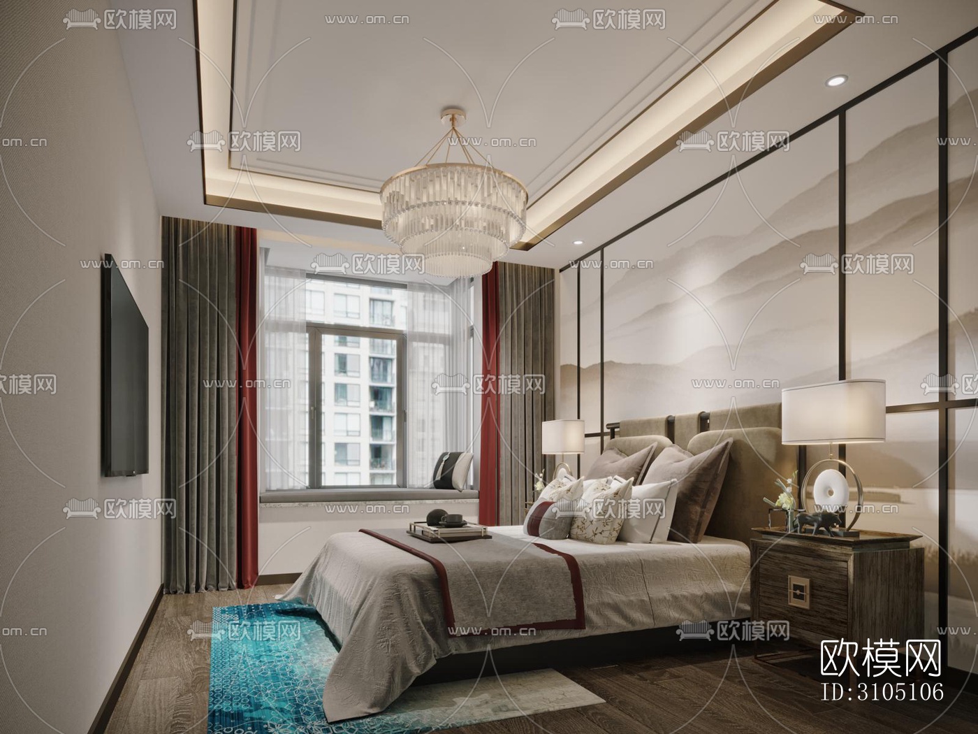 新中式平层效果图下载（渲染图12）