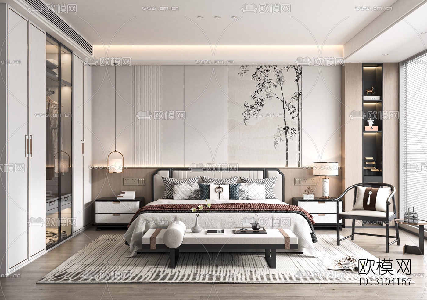 新中式卧室效果图下载（渲染图2）