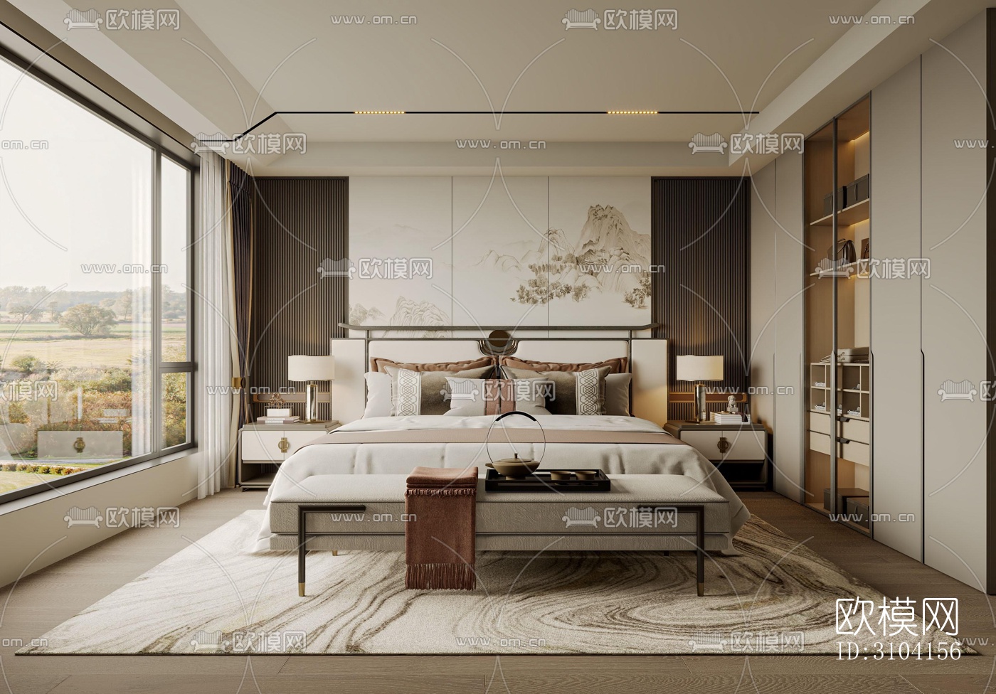 新中式卧室效果图下载（渲染图4）