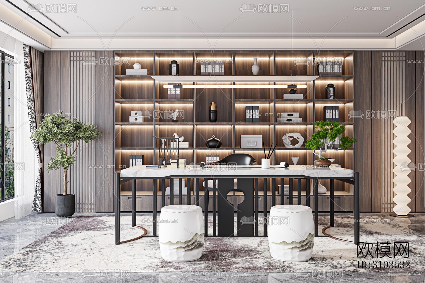 新中式书房效果图下载（渲染图3）