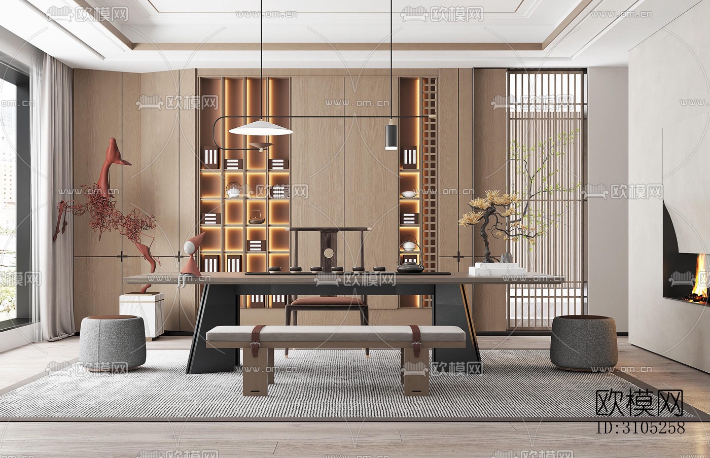 新中式茶室效果图下载（渲染图4）