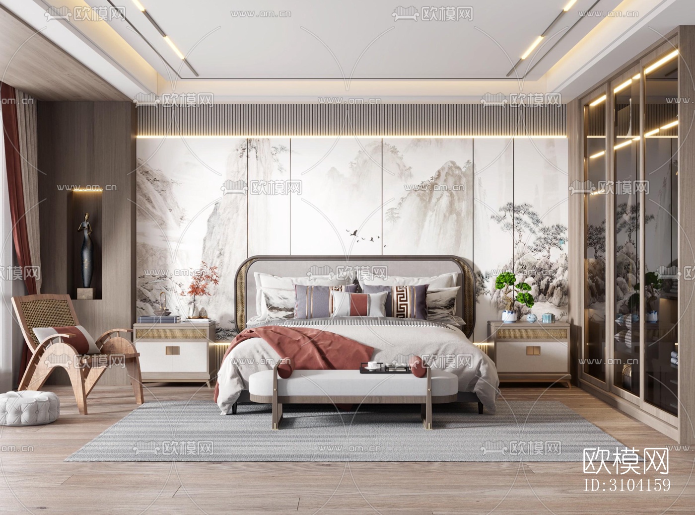 新中式卧室效果图下载（渲染图2）