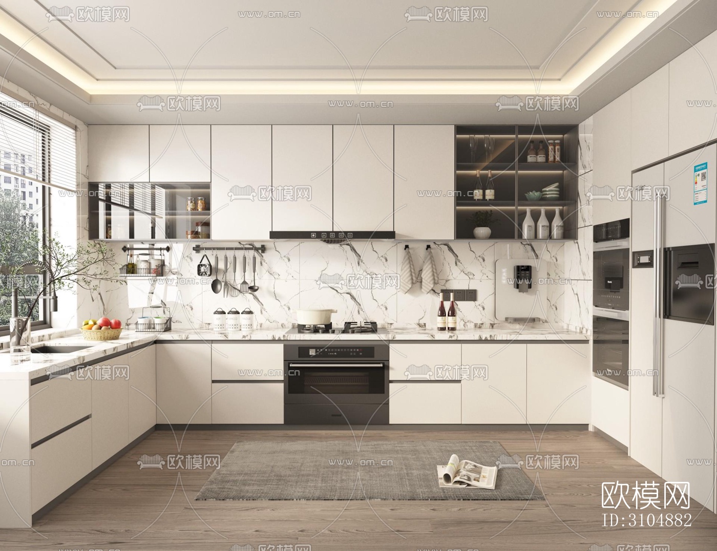 奶油风厨房效果图下载（渲染图2）