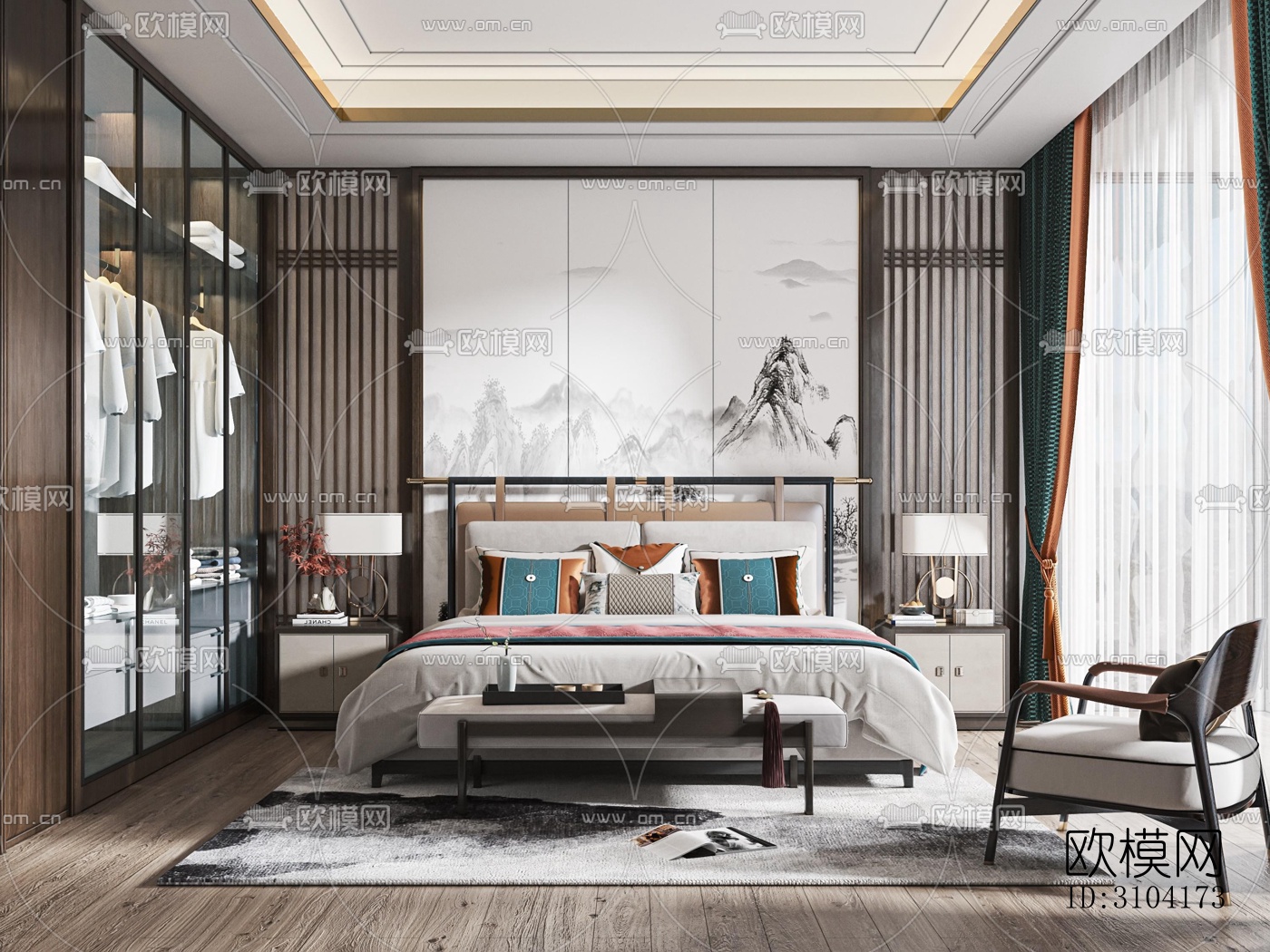 新中式卧室效果图下载（渲染图5）