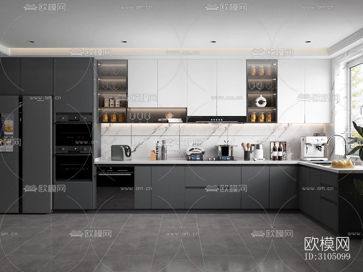 高级灰厨房效果图下载（渲染图2）