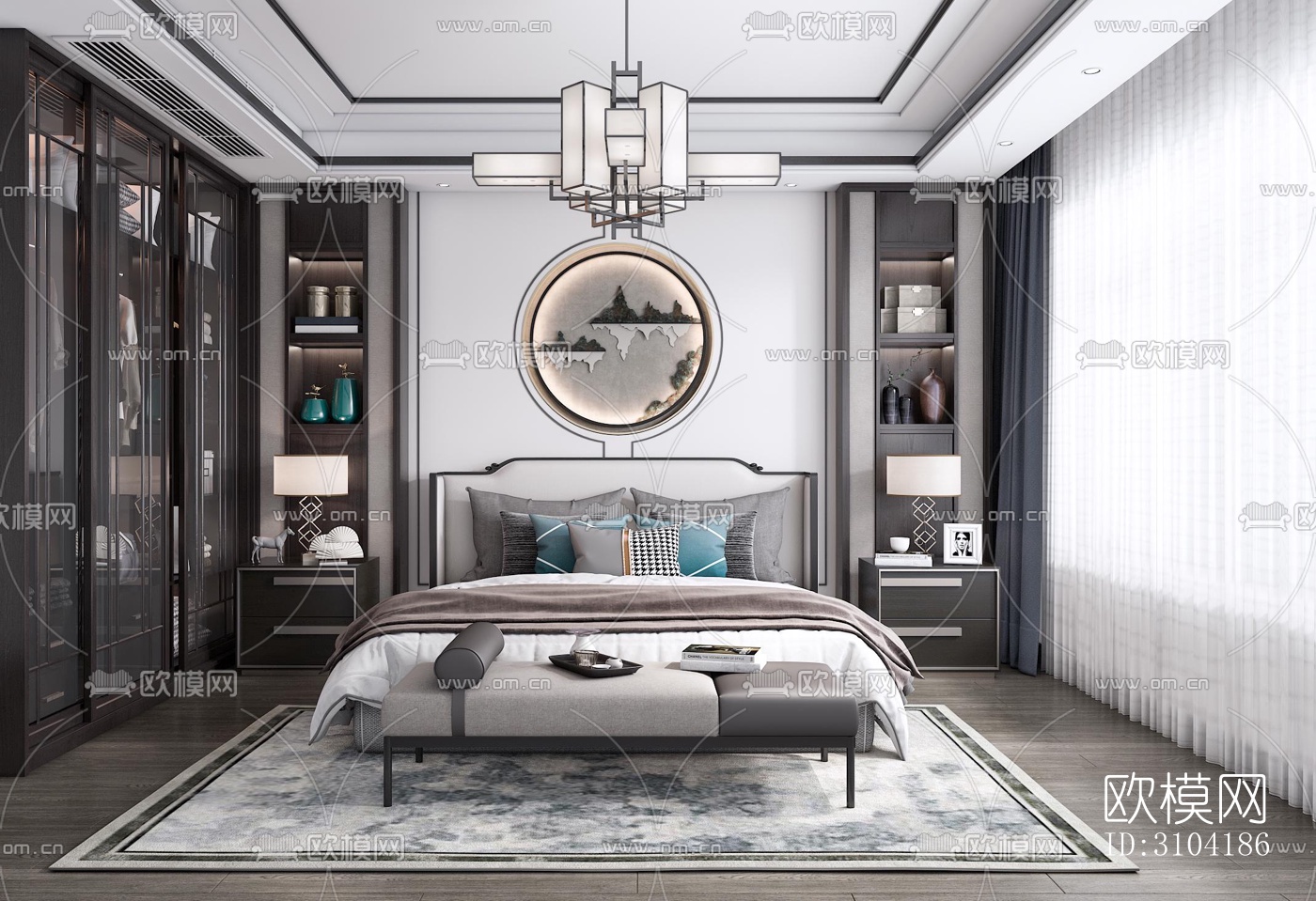 新中式卧室效果图下载（渲染图3）