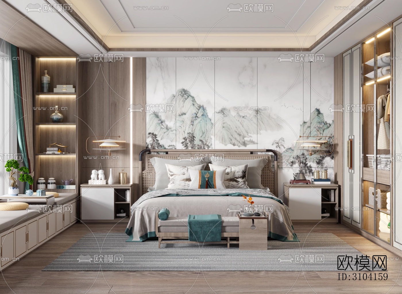 新中式卧室效果图下载（渲染图5）