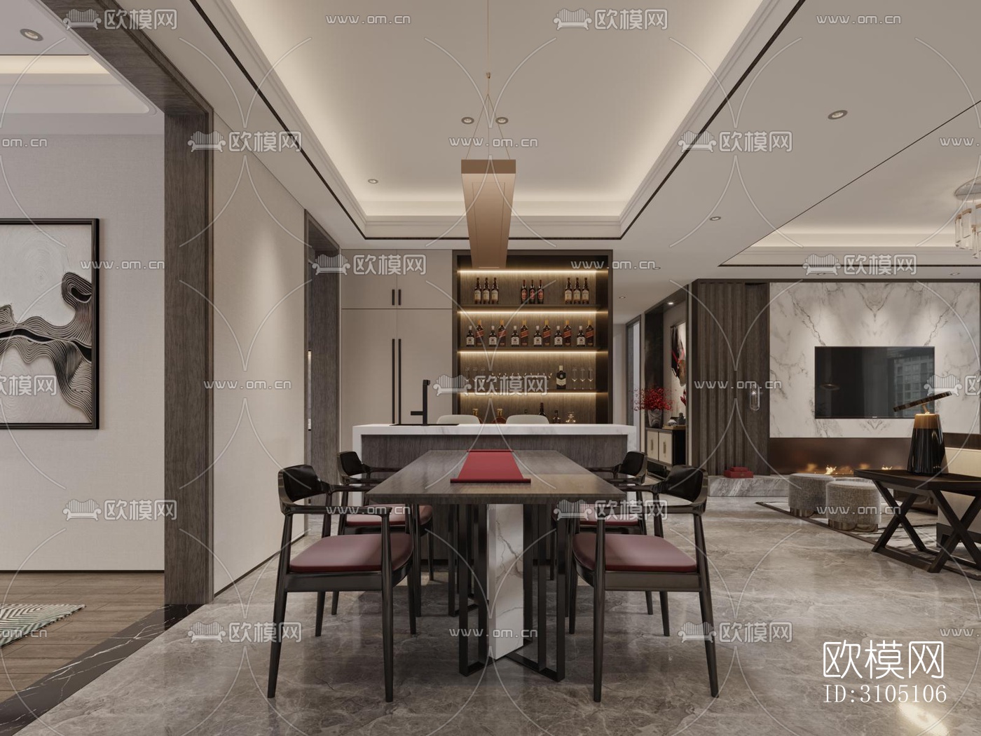 新中式平层效果图下载（渲染图6）