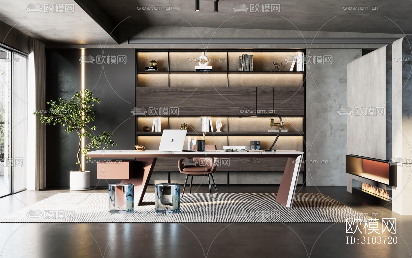 高级灰书房效果图下载（渲染图4）