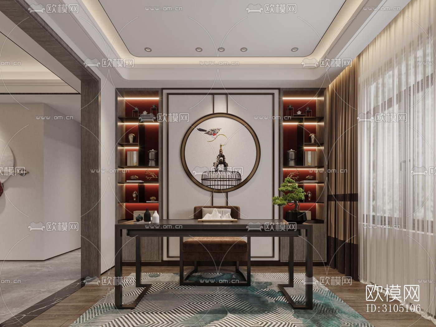 新中式平层效果图下载（渲染图13）