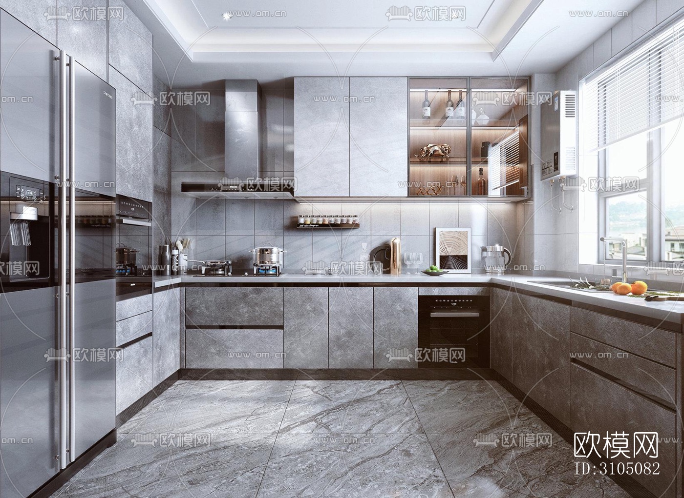 高级灰厨房效果图下载（渲染图1）