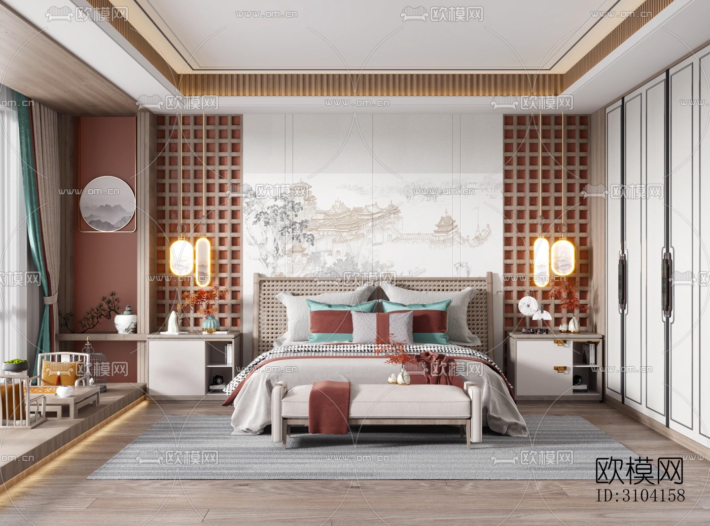 新中式卧室效果图下载（渲染图3）