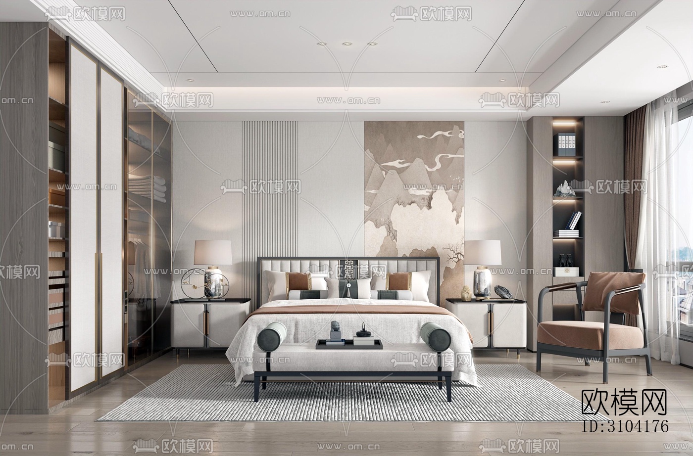 新中式卧室效果图下载（渲染图5）