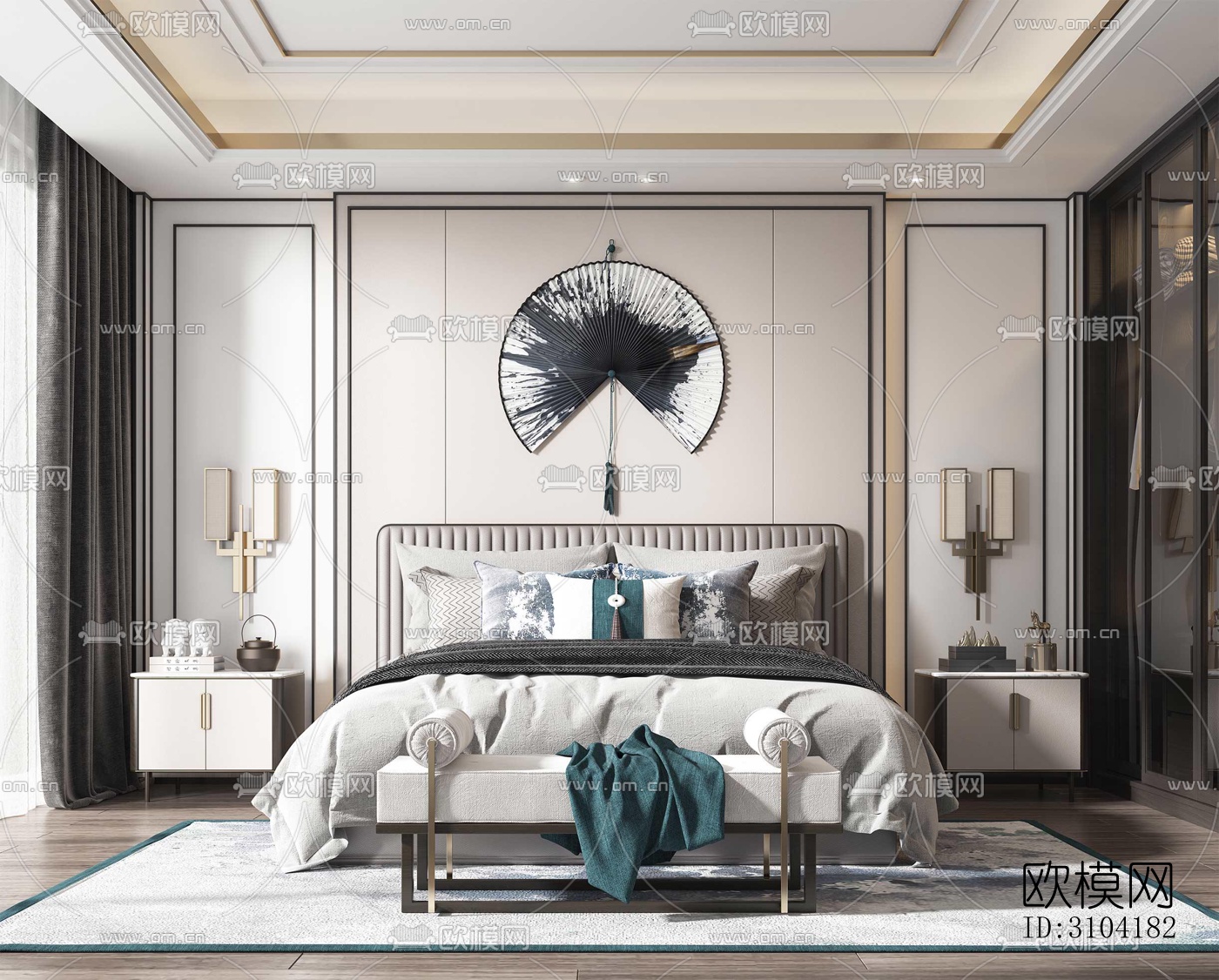 新中式卧室效果图下载（渲染图3）