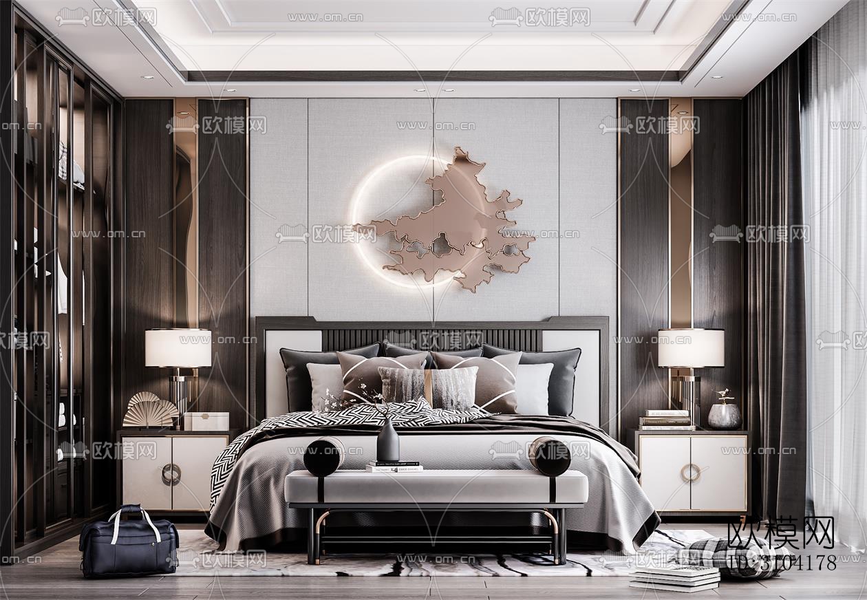 新中式卧室效果图下载（渲染图4）