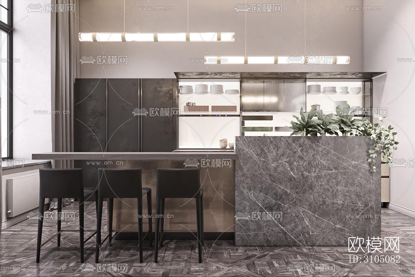高级灰厨房效果图下载（渲染图2）