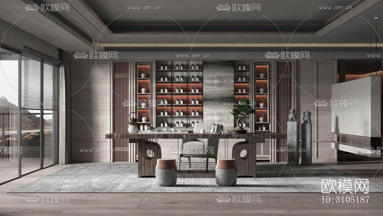 新中式茶室效果图效果图-设计效果图ID:3105187-欧模网