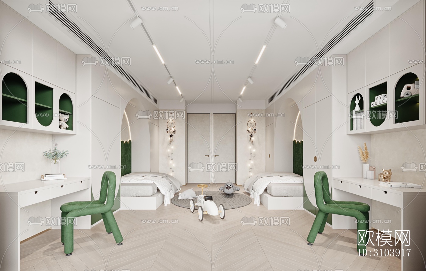 奶油风儿童房效果图下载（渲染图1）