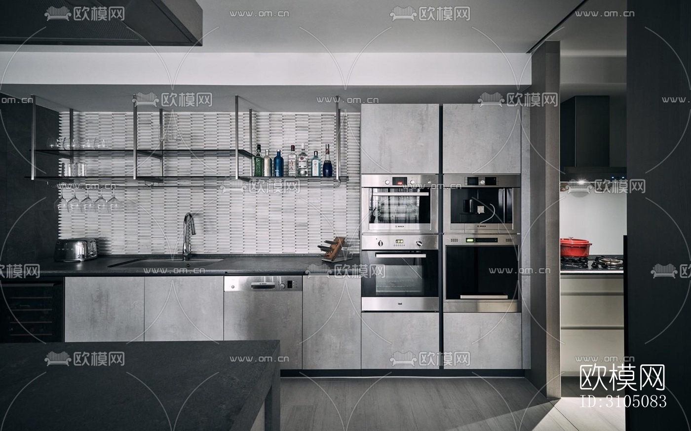 高级灰厨房效果图下载（渲染图3）