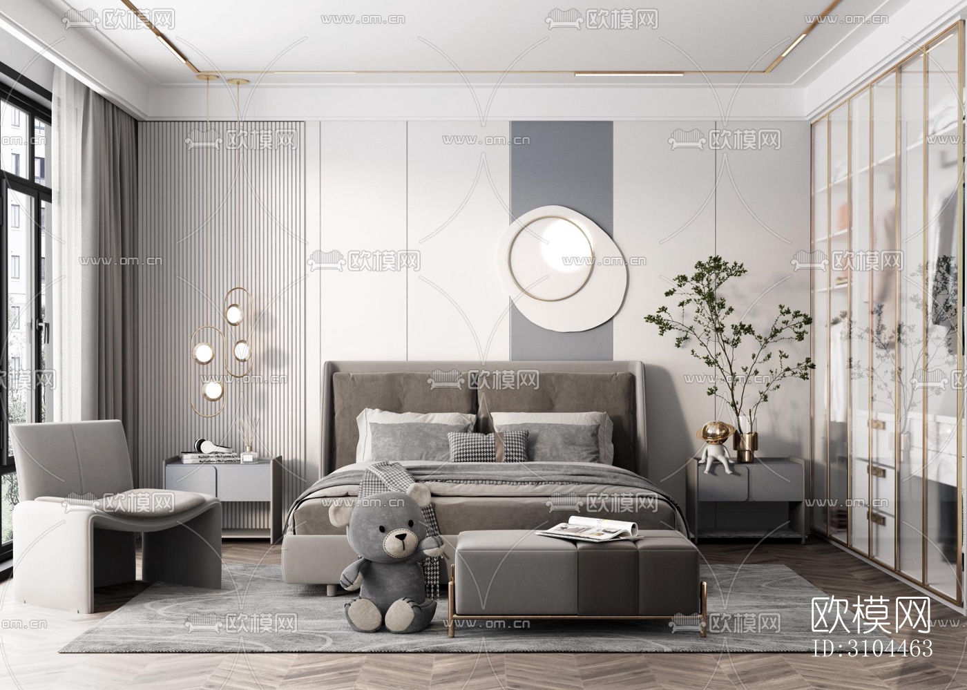 高级灰卧室效果图下载（渲染图1）