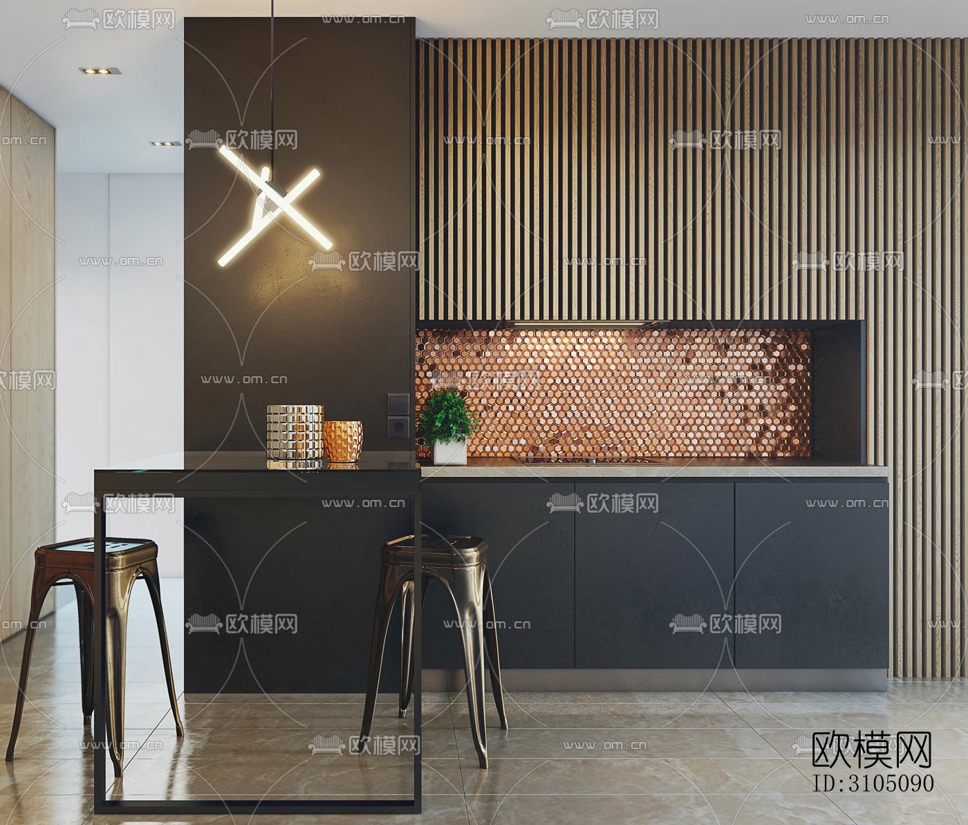 高级灰厨房效果图下载（渲染图2）