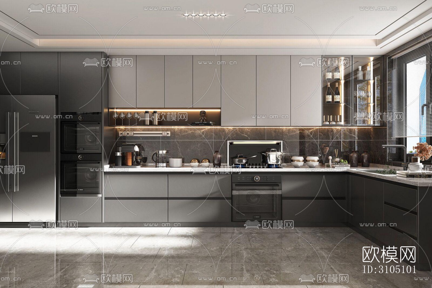 高级灰厨房效果图下载（渲染图2）