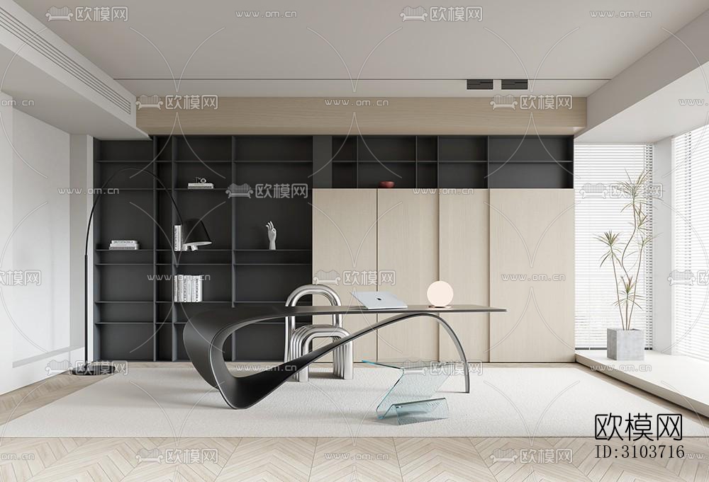 高级灰书房效果图下载（渲染图2）