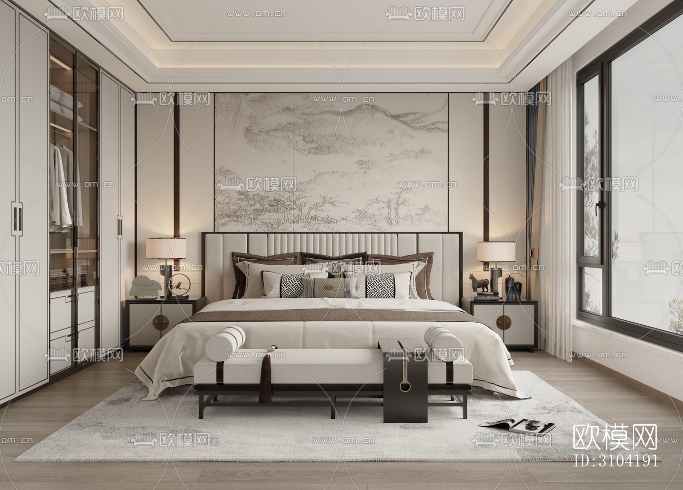 新中式卧室效果图下载（渲染图1）