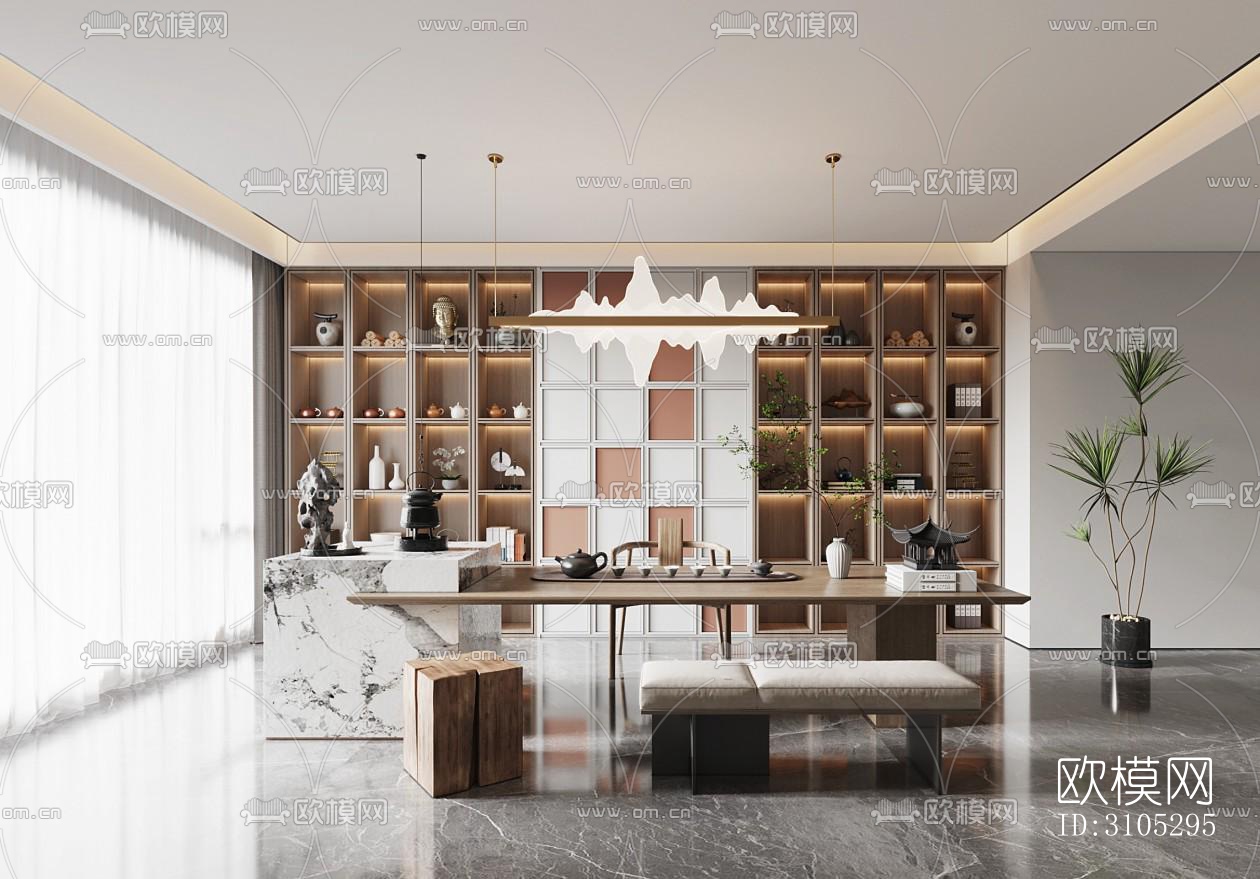 新中式茶室效果图下载（渲染图2）