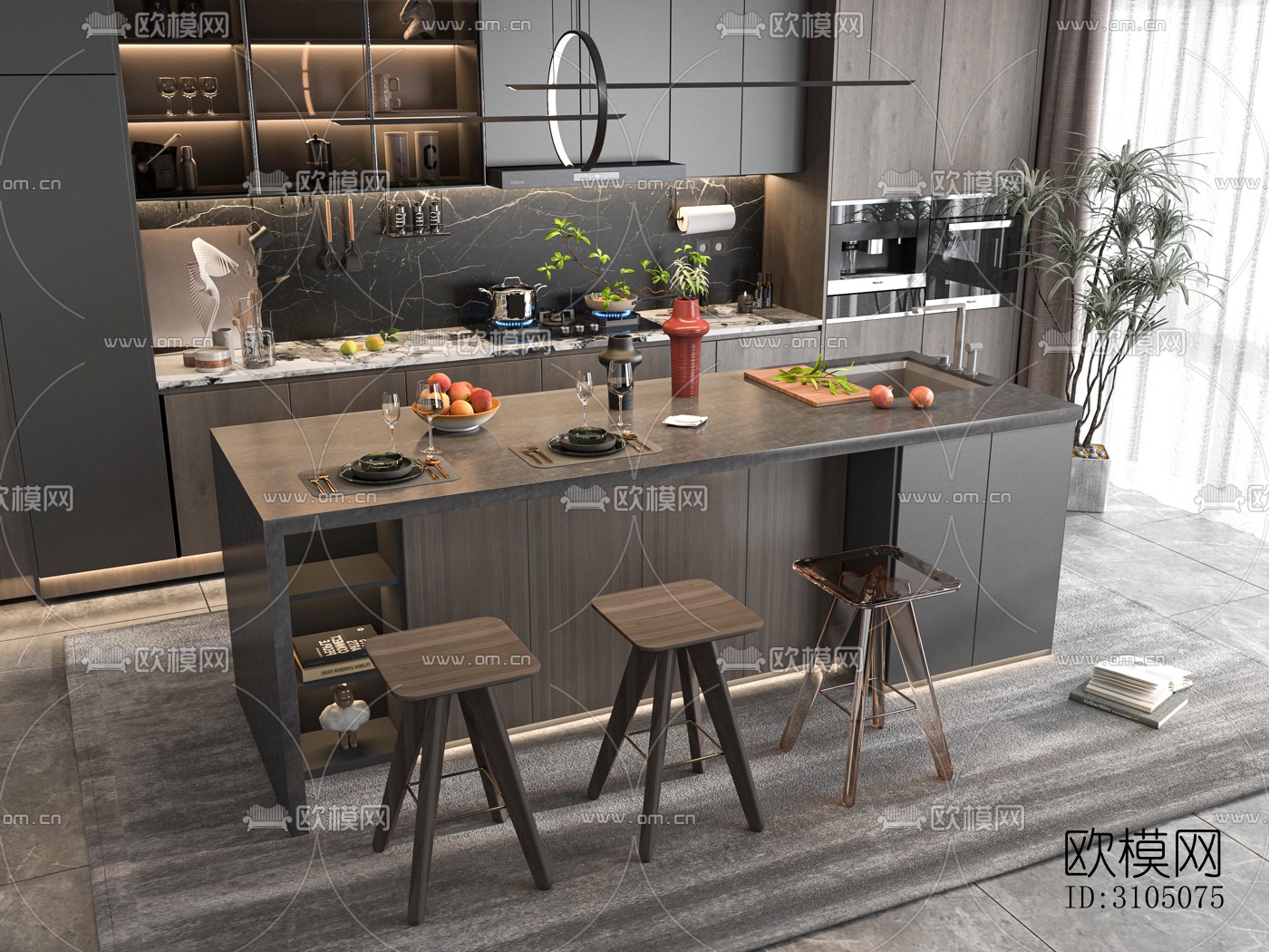 高级灰厨房效果图下载（渲染图4）