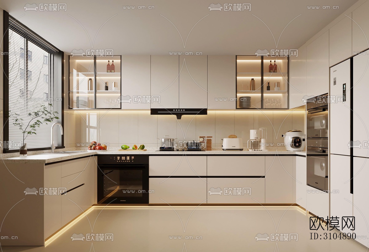 奶油风厨房效果图下载（渲染图5）