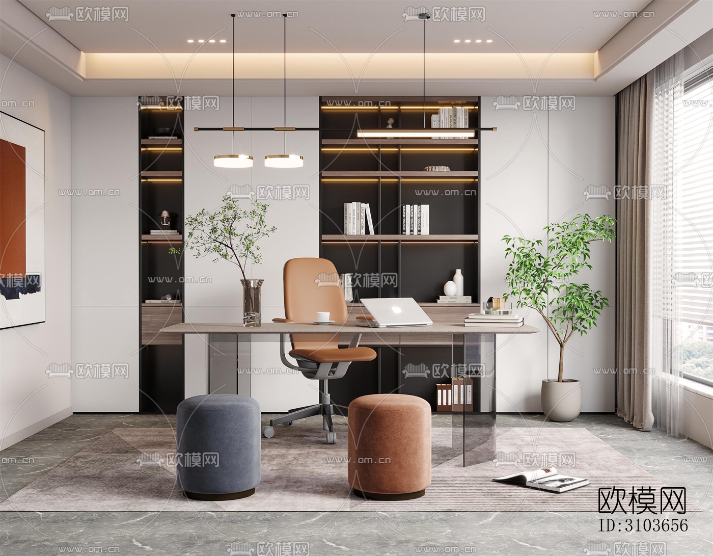 现代书房效果图下载（渲染图1）