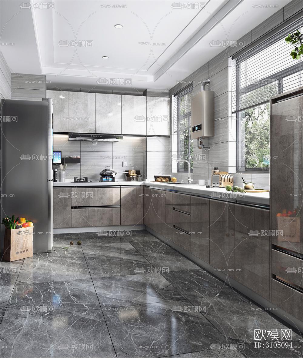 高级灰厨房效果图下载（渲染图1）