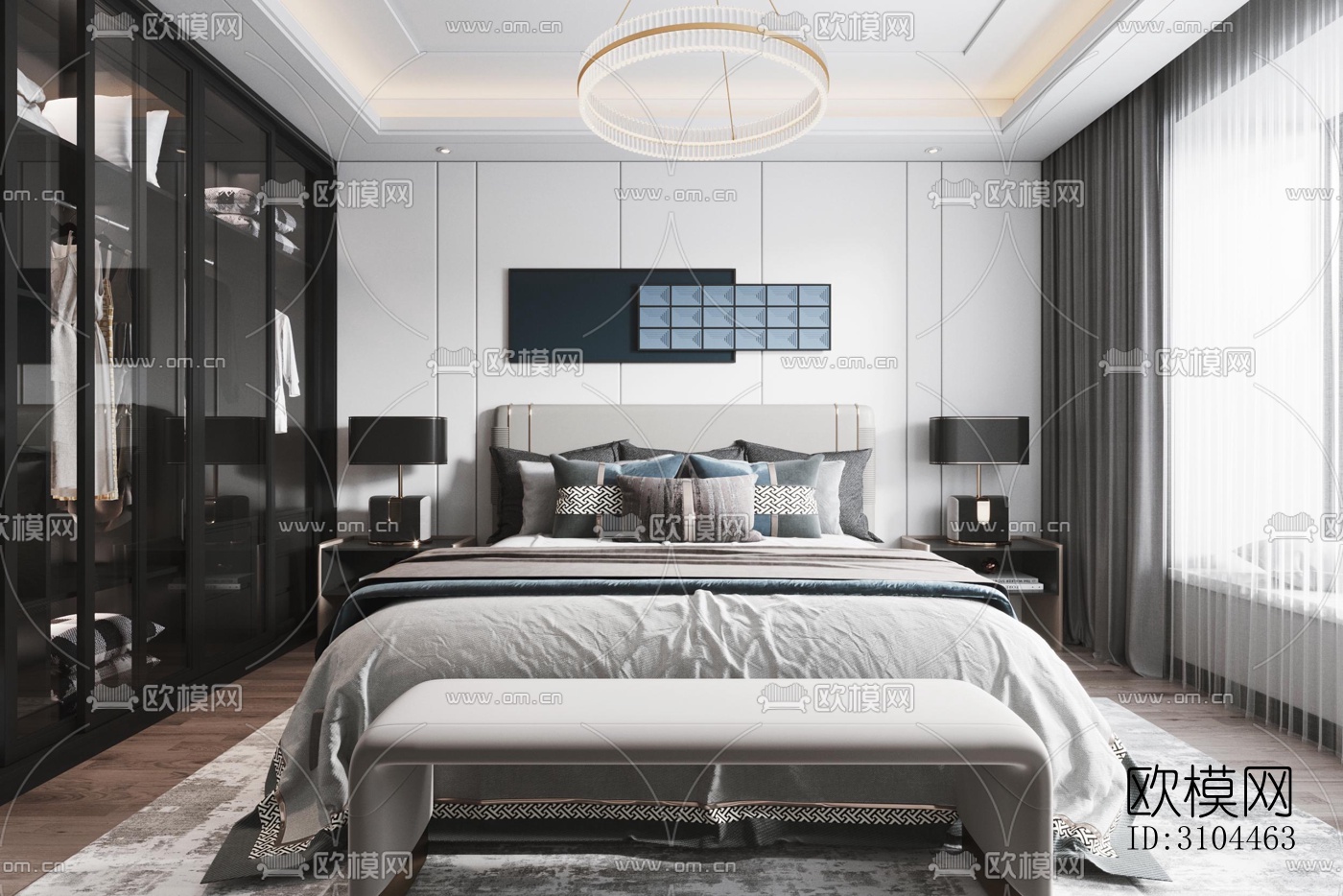 高级灰卧室效果图下载（渲染图3）