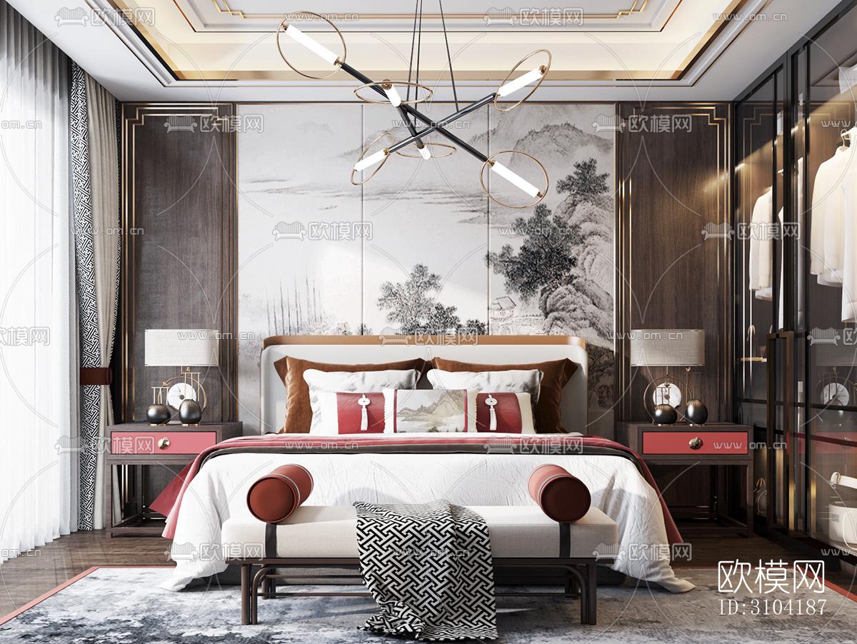 新中式卧室效果图下载（渲染图2）