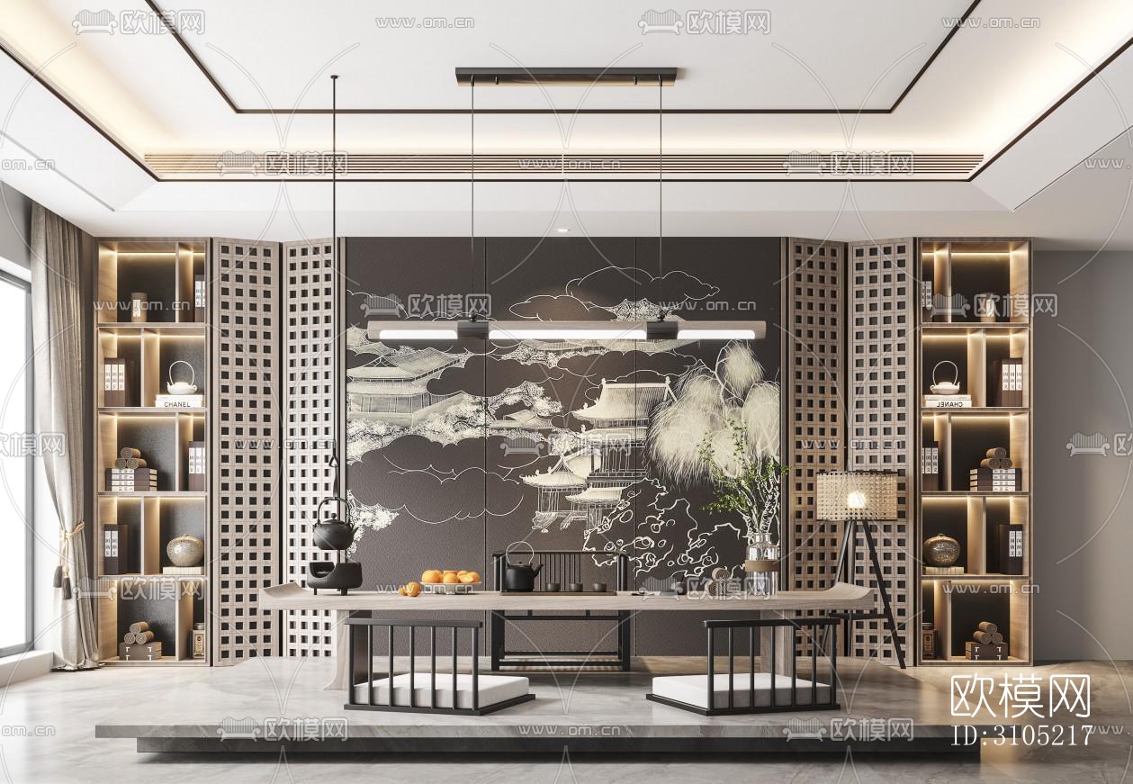 新中式茶室效果图下载（渲染图1）