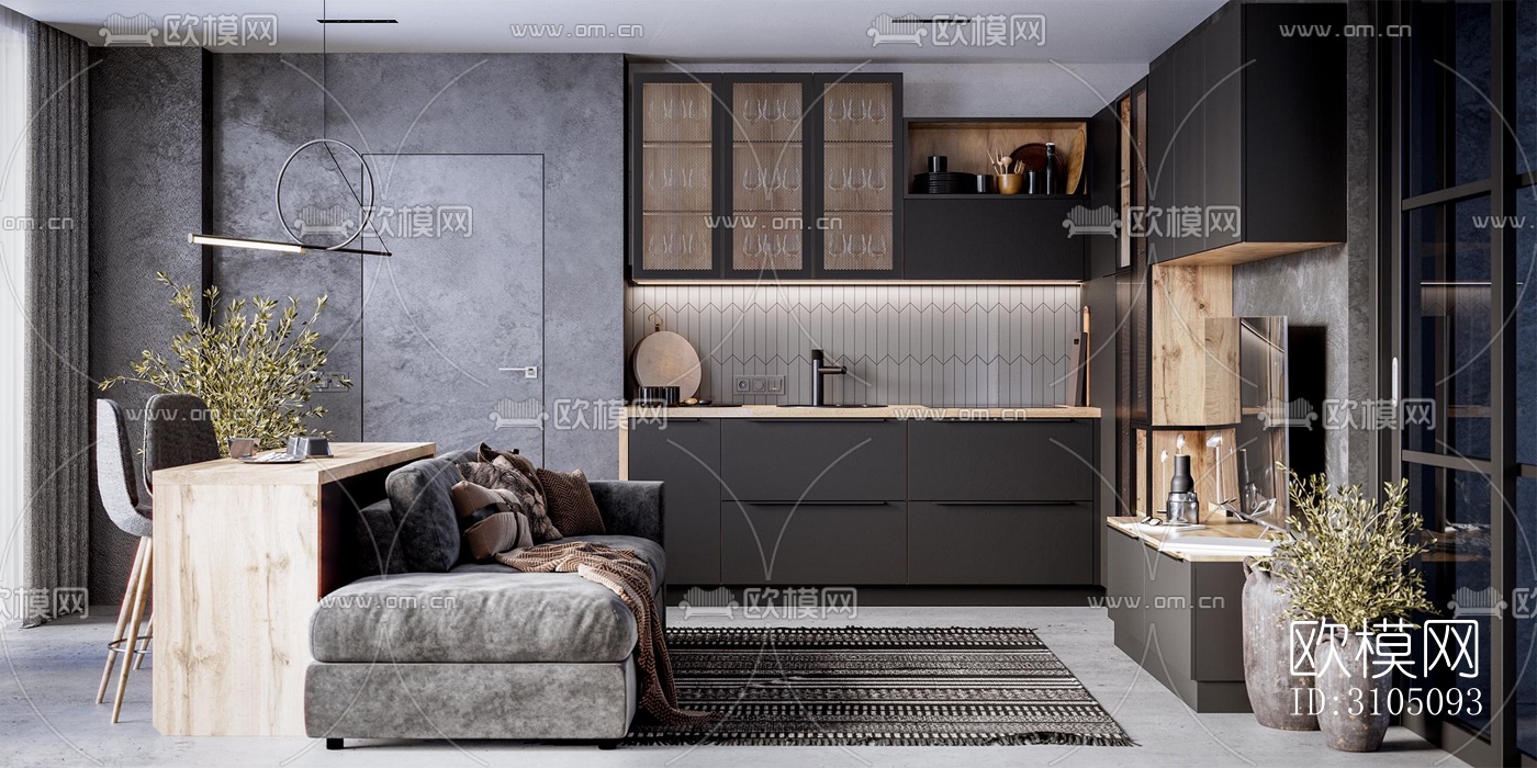 高级灰厨房效果图下载（渲染图2）